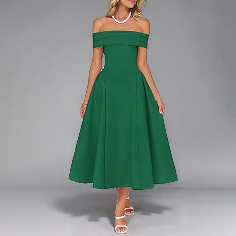 New Warm Season Trendy Women Clothing Elegant Temperament Solid Color Off-shoulder Waist-hugging Fashion Dress