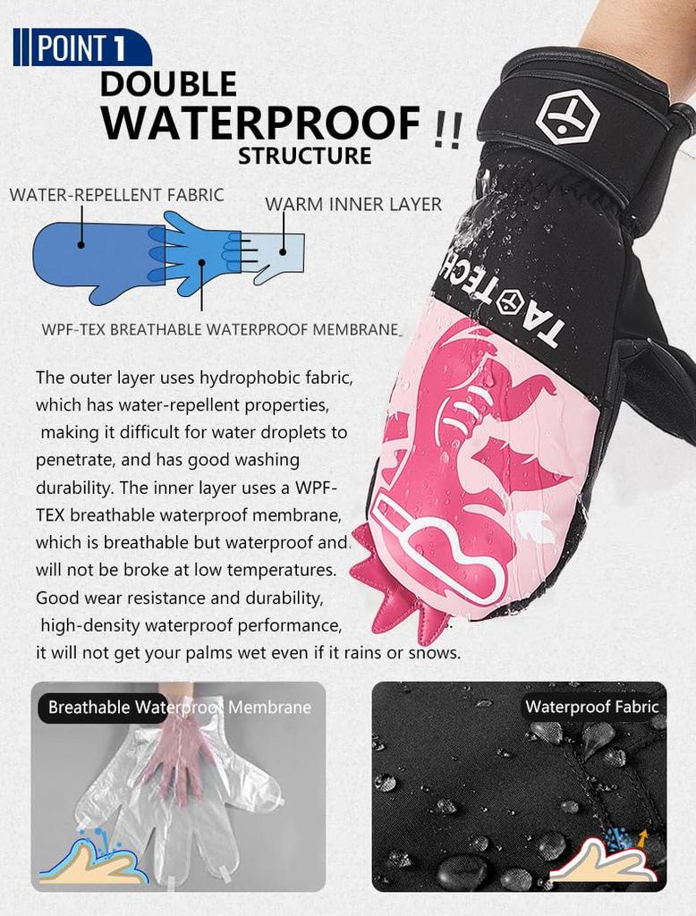 TaoTech Snowsaurus Mitten Gloves with Wrist Guards for Men and Women, Five-Finger Ski Gloves with Protectors and Inner Fingers (L, Dark Green)