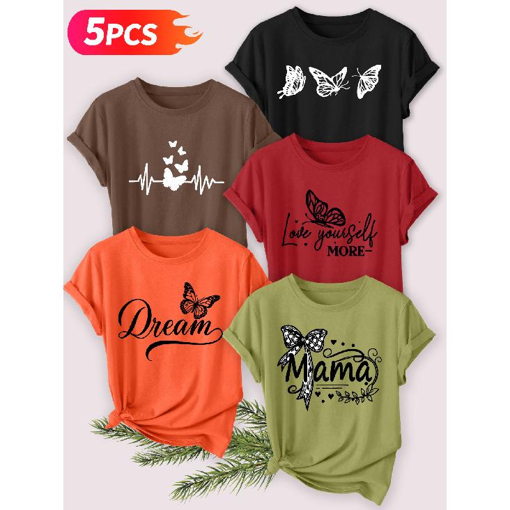 Five-piece set Elegant short-sleeved shirt for women Butterfly series printed round-neck women's short-sleeve shirt suitable for spring and summer