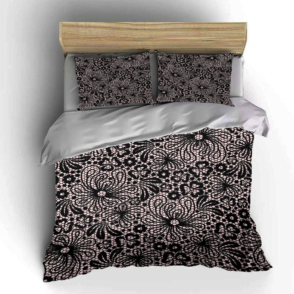 Black lace floral pattern Bedding Set for Kids Luxury Gift 3pcs Digital Print Comforter Set Soft Comfortable Breathable