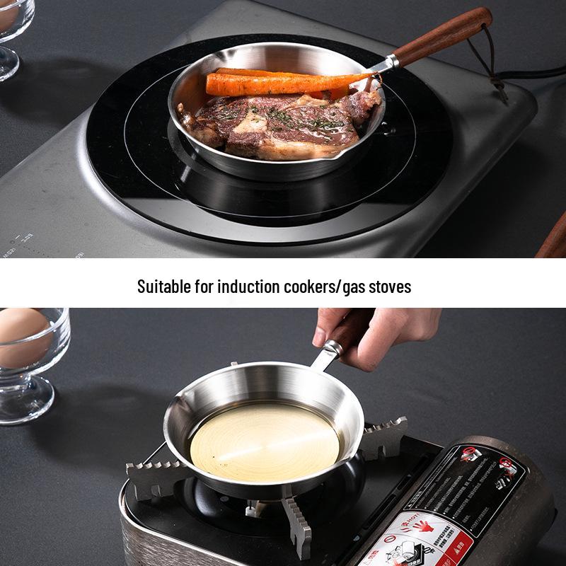 Mini Patelnia ze stali nierdzewnej 304 z płaskim dnem, drewnianą rączką i osłoną przeciw pryskaniu, niepowlekana patelnia do omletów