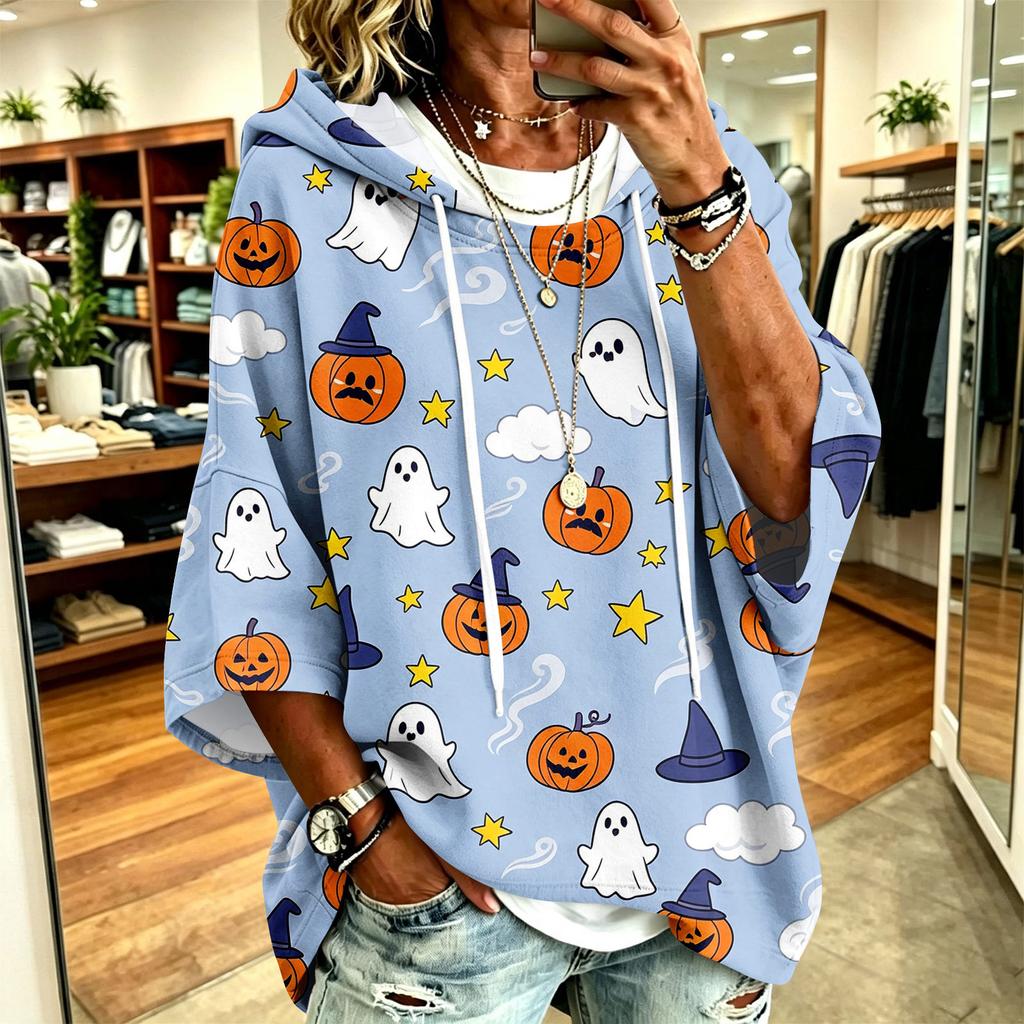Women's Hoodie with Halloween Print, Loose Fit Casual Pullover Top