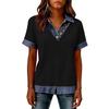 Women's Fashion Denim Collar Patchwork V-Neck Faux Two-Piece Short-Sleeve Casual Top