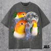 Drei Caique Papagei Mond Shirt, Schwarzköpfiger Caique Liebhaber T-Shirt, Weißbauchvogel Galaxie Geschenk, Vintage Waschung Retro Grafik Top, Haustierbesitzer Geschenk