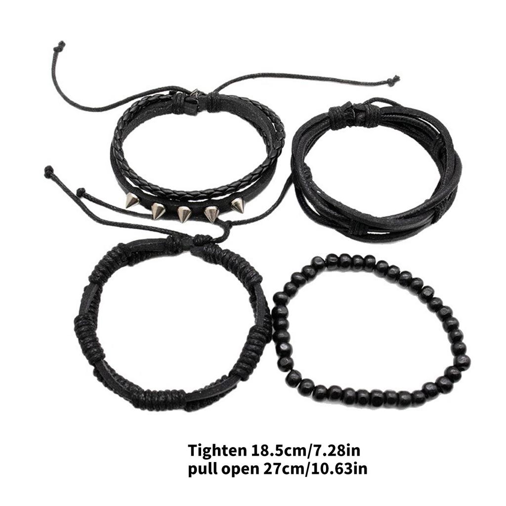 Pack of 4 Punk Styles Leather Bracelets With Metal Studs Braided Designs Adjustable Closure for Men Women Gift Set