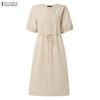 ZANZEA Women Casual Round Neck Solid Color Short Sleeve Dress