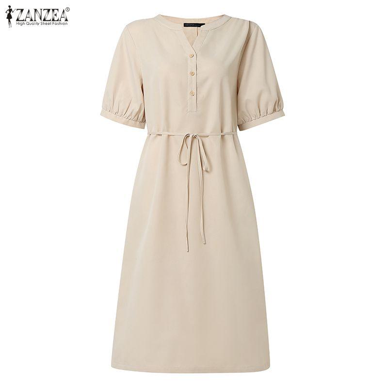 ZANZEA Women Casual Round Neck Solid Color Short Sleeve Dress