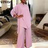 VONDA 2PCS Women Sets Casual Long Sleeve Side Close Blouse and Pants Two Piece Suit