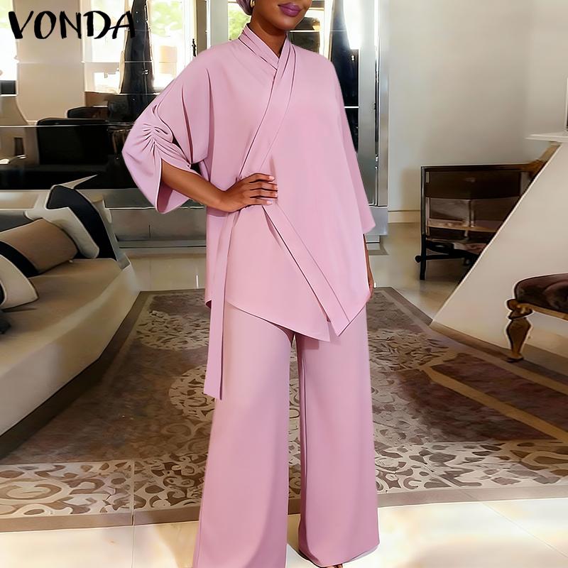 VONDA 2PCS Women Sets Casual Long Sleeve Side Close Blouse and Pants Two Piece Suit
