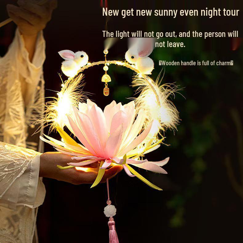 Mid-Autumn Hanfu Style Children's Luminous Lantern - Lotus & Jade Rabbit Design