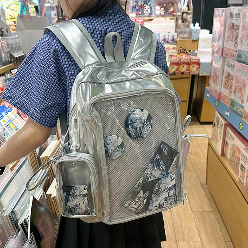 New Large Capacity PU Students DIY Anime Badge Ulzzang Ita Bags Y2K Aesthetic Women Backpacks Individuality Mochilas Para Mujer