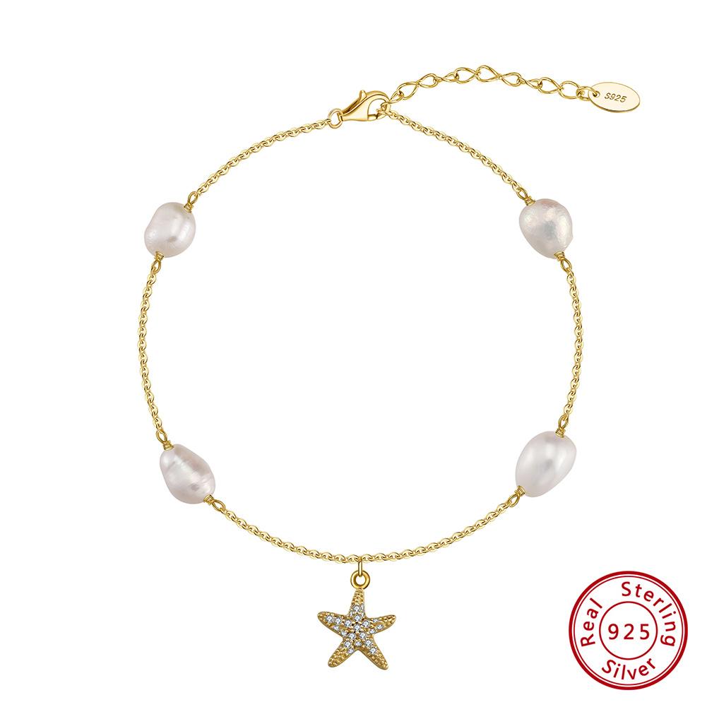 ORSA JEWELS Natural Freshwater Pearl and Starfish 925 Silver Chain Ankelt for Women Summer Holiday Anklets Jewelry SA74