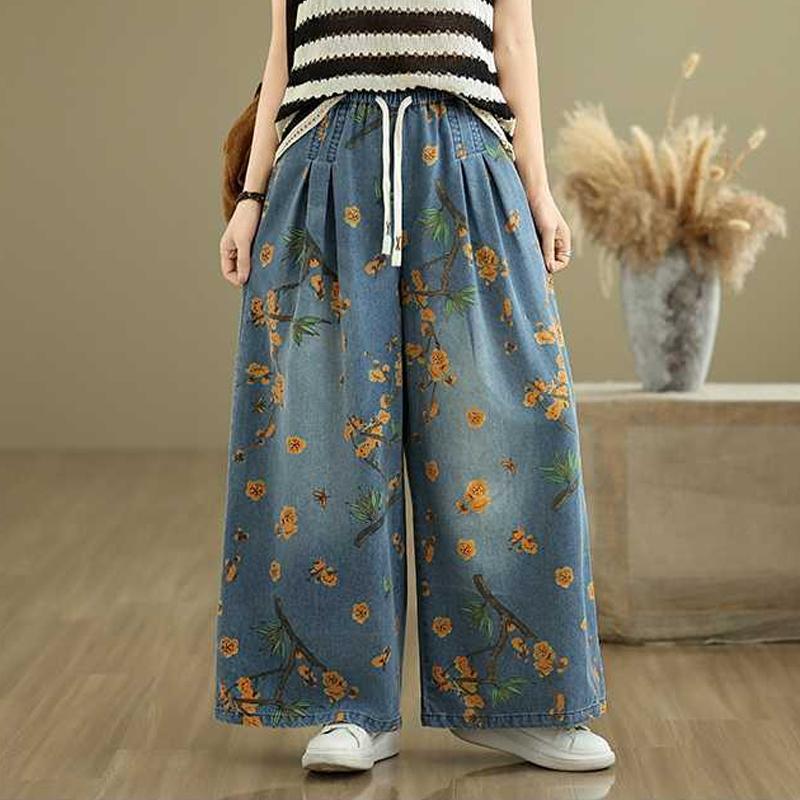 

Женские Винтажные Джинсы с Цветочным Принтом На Шнурке Повседневные Свободные Мешковатые Денимовые Брюки Ретро Уличная Одежда для Женщин Широкие Джинсы M
