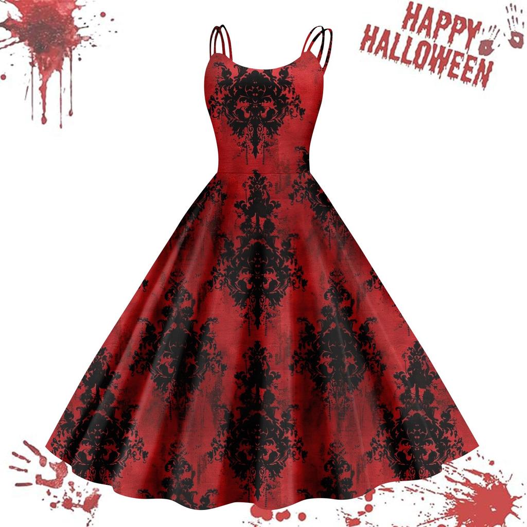 Women's Casual Halloween Printed Suspender Vintage Dress