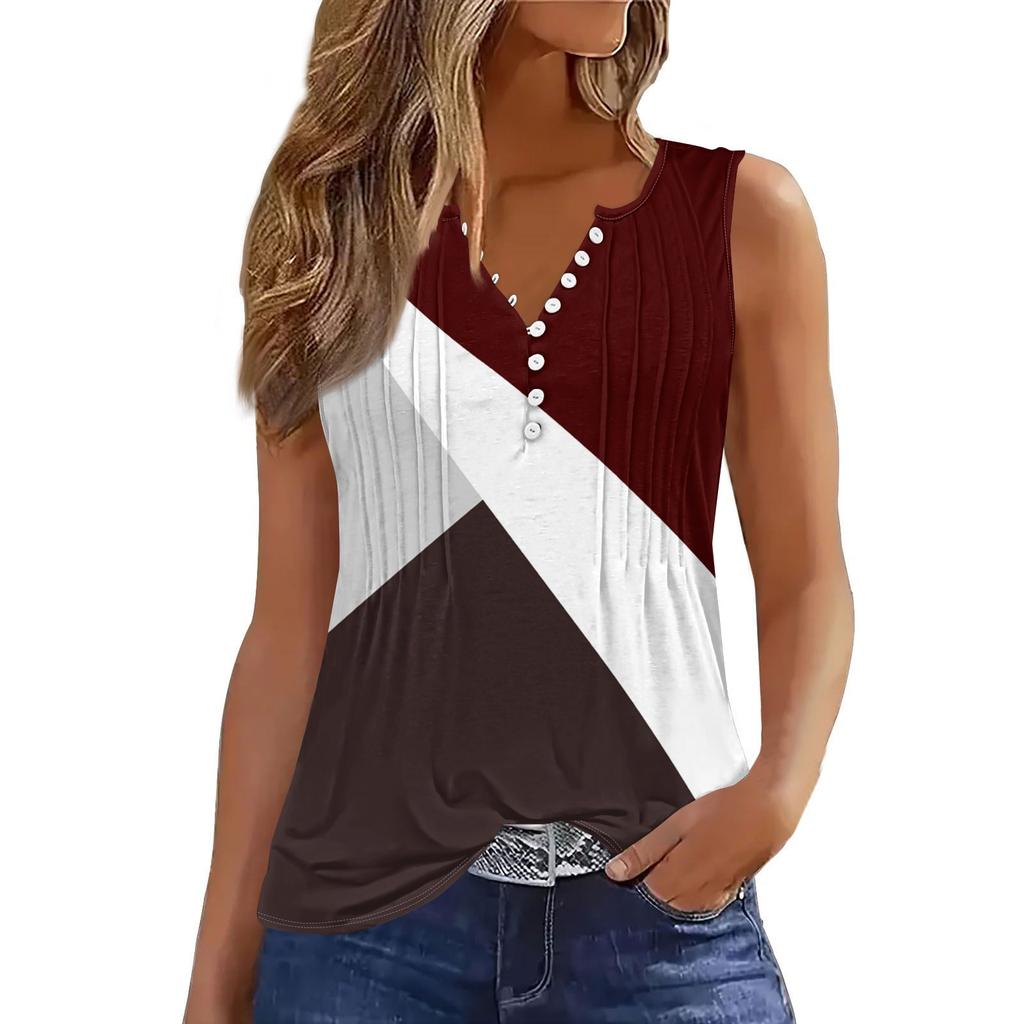 Women's Flowers And Plants Casual Loose Pleated Shirt V Collar Button-down T-shirt Shirt Sleeveless Vest Top