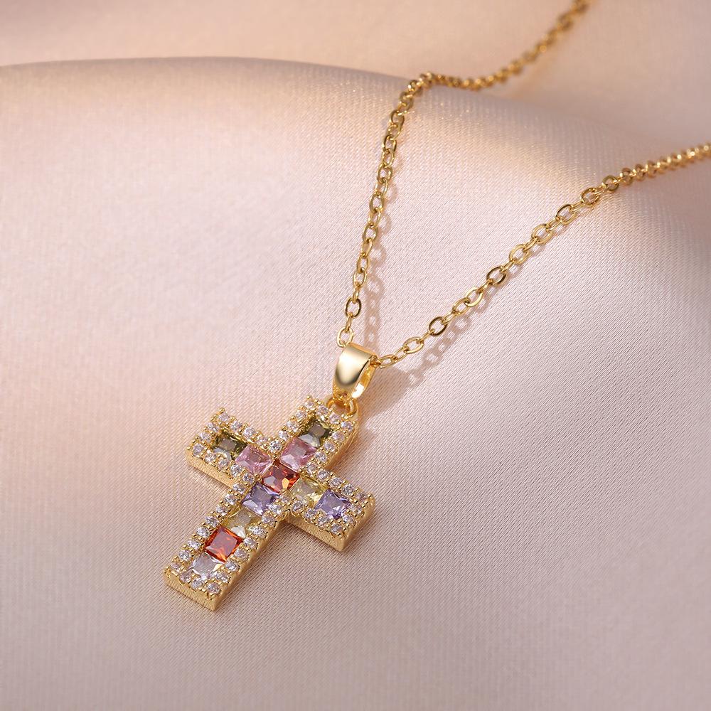 Luxury Female Black Rainbow Zircon Stone Cross Pendant Necklace Vintage Gold Color Wedding  For Women