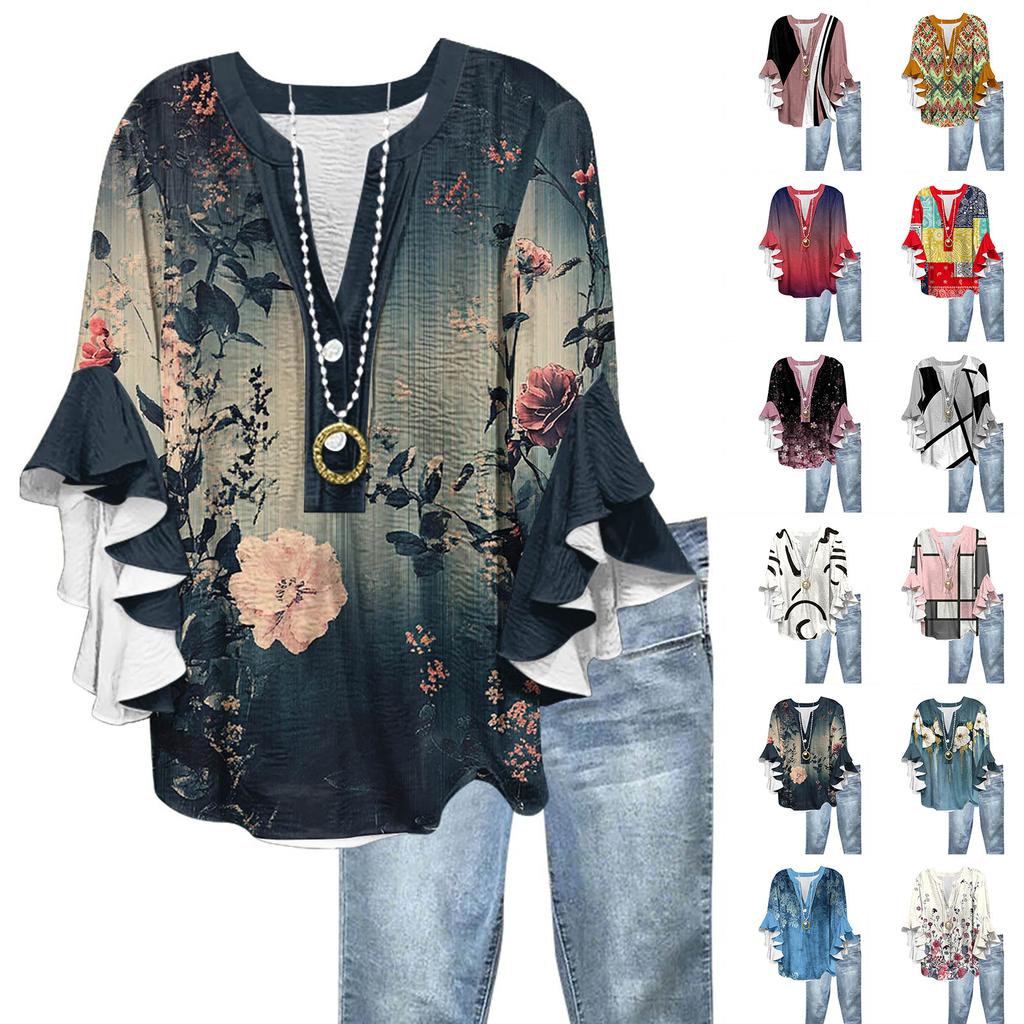 Women's Fashion Casual Button V-Neck Seven Sleeve Vintage Printed Shirt Top