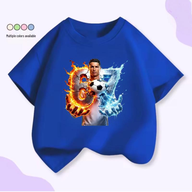 Unisex T-shirt voor Kinderen met Korte Mouwen - Voetbal Supersterren Print (Messi & CR7), Zomer Katoen Ronde Hals