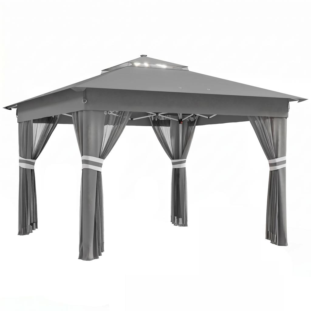 Adjustable-Height Garden Gazebo with LED Lights. 336x336x250-270cm. Grey