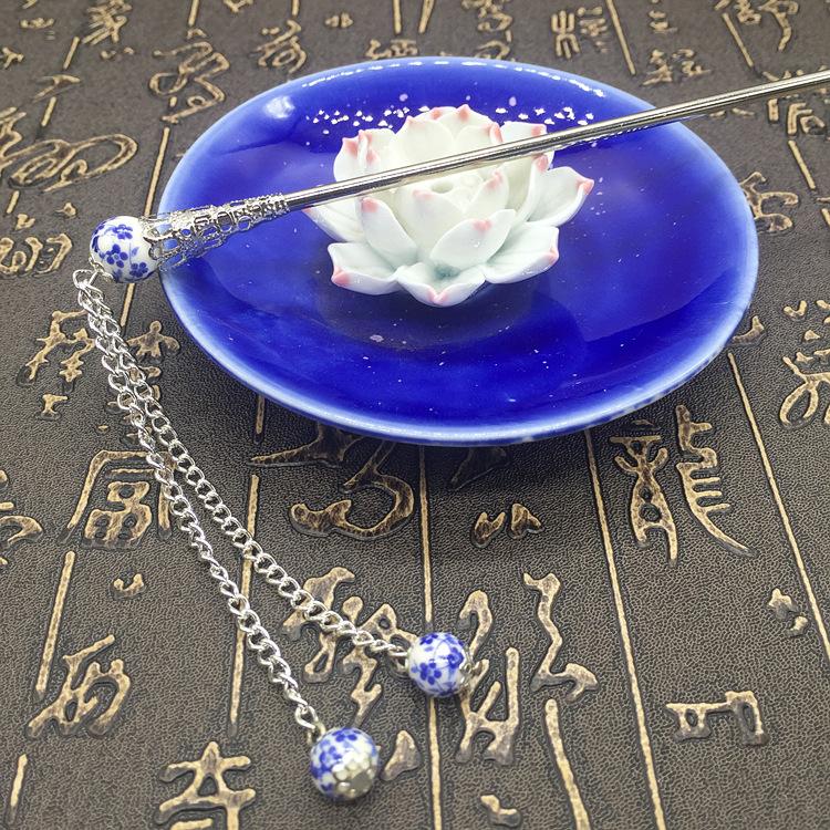 Classical Ceramic Hairpin Set Female Ethnic Style Retro Headdress Plum Blossom Blue and White Porcelain Beads Flower Hairpin Hair Accessories