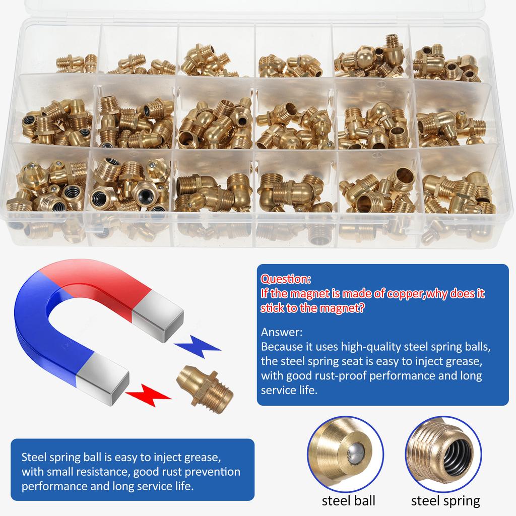 Straight and 90 Degree and 45 Degree Copper Zerk Grease Nipple Fittings Assortment Kit Metric M6 M8 M10   165Pcs