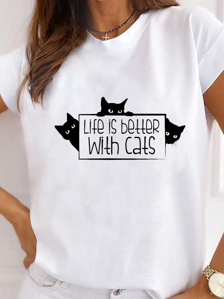 Short Sleeve Ladies Print T Fashion Women's Clothing Graphic Tee Cat Animal Pet Love Style Clothes Summer Female T-shirts