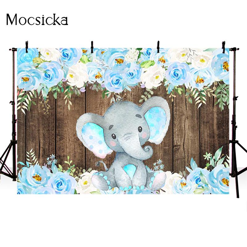Mocsicka Baby Shower Photography Background Elephant Wooden Board Flower Decoration Props Child Portrait Photo Backdrop Banner