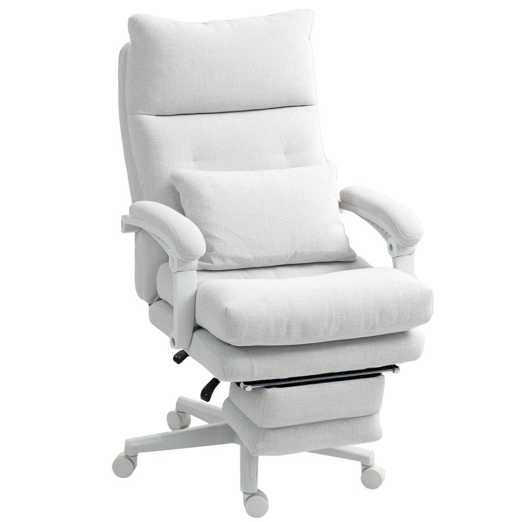 Rolling Chair, Linen Look, Height-Adjustable, 160 Degree Recline, Footrest, Cream White