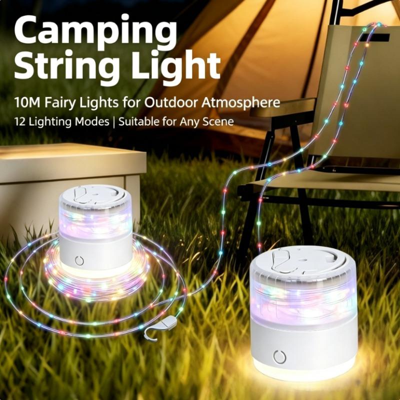 Camping String Lights, Retractable Camping String Fairy Lights Lanterns 10 M with 12 Lighting Modes, 1200 mAh USB Rechargeable