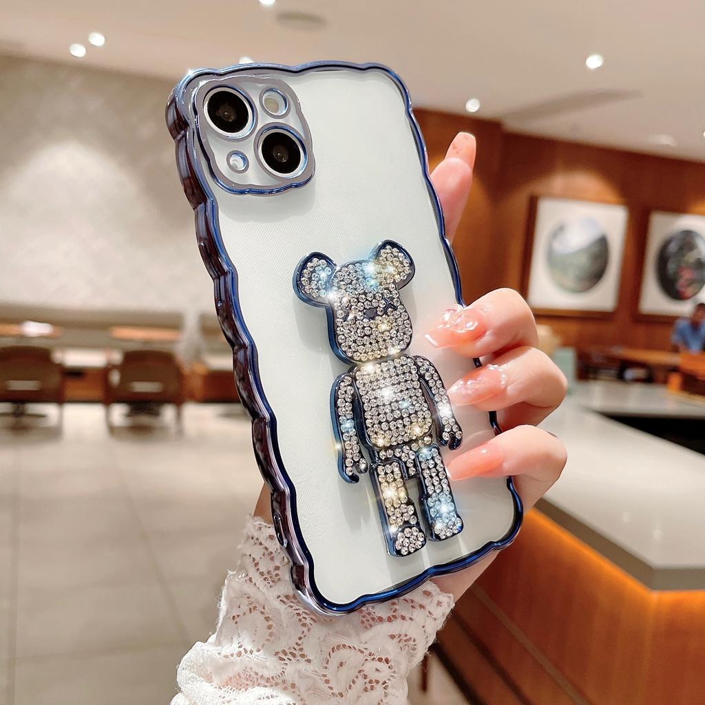 Aplicable a la funda para teléfono móvil IPhone16Pro Borde ondulado Electrochapado Apple 15 Oso violento con diamantes 14 Funda de protección de cobertura total