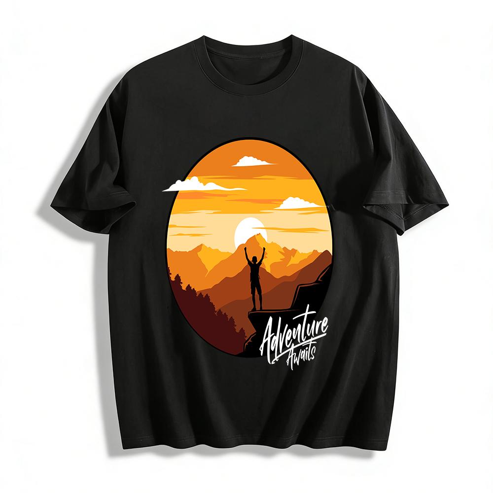 Sunrise Mountain Adventure Silhouette Graphic Casual T-Shirt Pure Cotton T-shirt