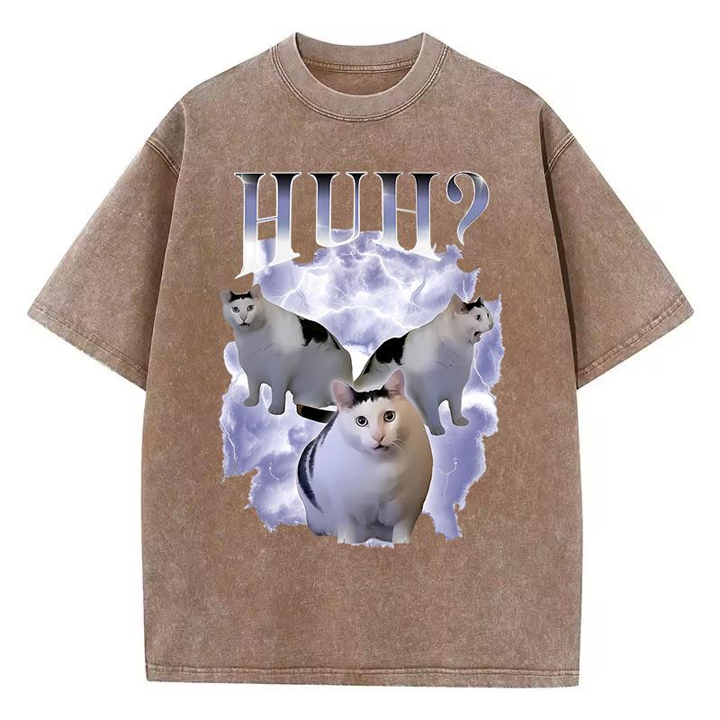 Funny T Shirt Vintage Washed Cotton T-Shirt Cat Saying Huh? Meme Graphic Tee Casual Streetwear for Spring Summer Fall