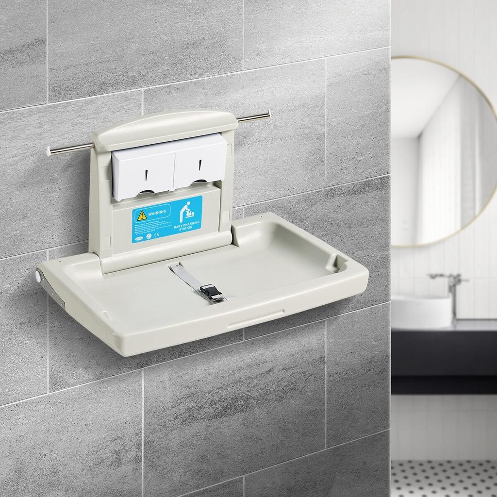 Wall-Mounted Baby Changing Station, Horizontal Foldable Diaper Change Table with Safety Straps and Hanging Rods, Use in Commercial Bathrooms, Daycare