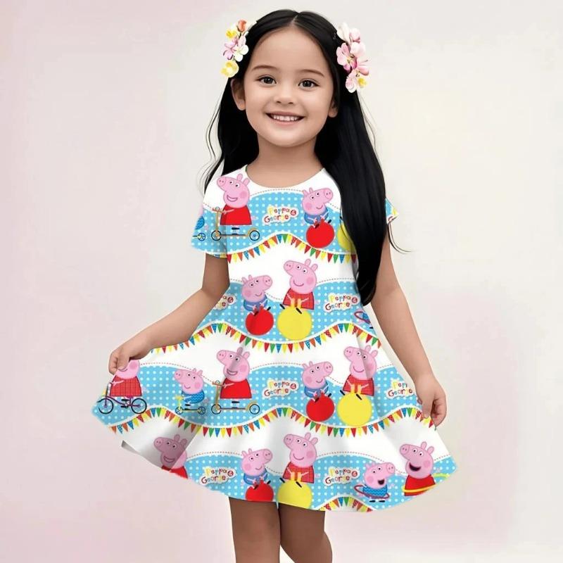 Summer Fashion Kids Dress Peppa Pig Cute Cartoon Print Casual Beach Sundress Soft Breathable