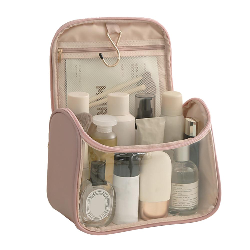 HK8297 Waterproof Clear Design Makeup Bag Large Capacity Cosmetic Bag PU Leather+PVC Travel Toiletry Organizer with Portable Handle Strap