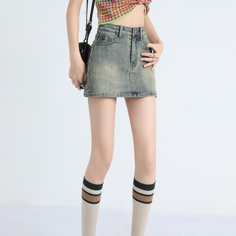 Fusta scurtă de denim retro Fusta scurtă de slăbire cu talie înaltă de vară pentru femei, Fusta înfășurată în șold cu linie A anti-orbire