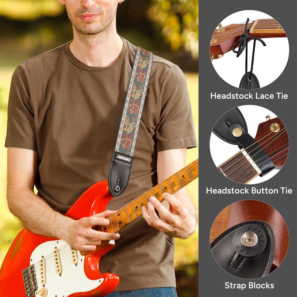 Amumu Guitar Strap 5cm Wide Vintage Paisley with Premium Leather Fits and Adjustable from 94cm To 160cm - Ends, Acoustic, Electric, Bass,