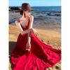 Holiday Dress Red Fairy Beach Dress Long Dress Elegant Travel Wear Temperament Halter Suspender Long Dress