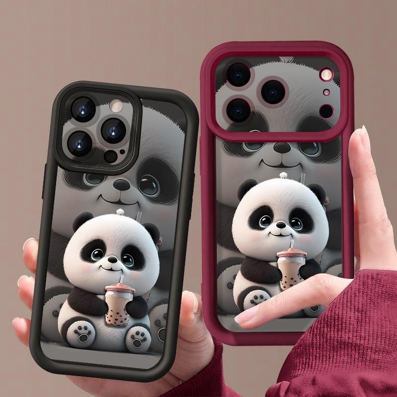Milk tea-drinking Panda Pattern Case For iPhone 17 Pro Max Funda Shockproof Bumper Cover For iPhone 16 Pro Max 15 14 13 12 11 Air 16E