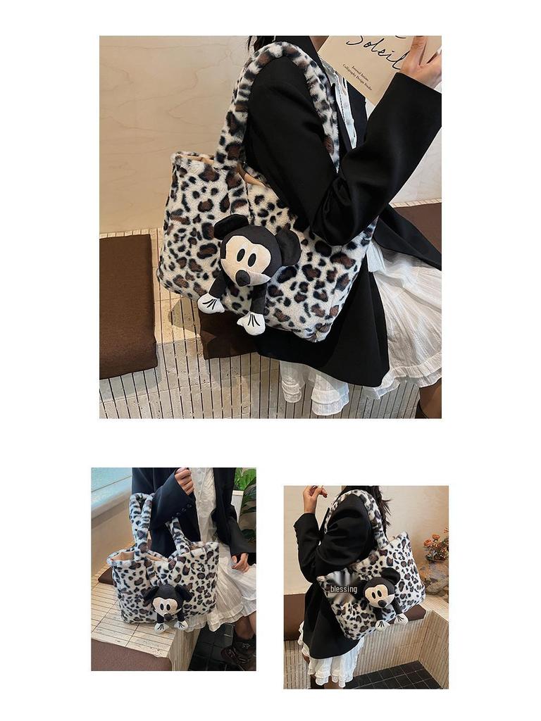 2025 Women's Large Fluffy Leopard Print Shoulder Tote Bag