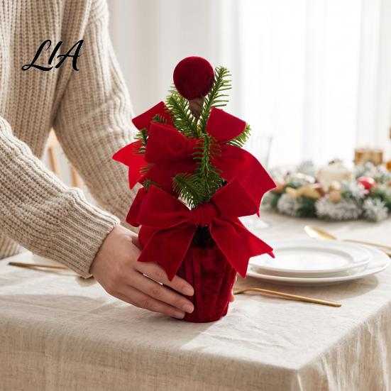 Holiday Table Plants Velvet Christmas Ball Potted Plants, Mini Tree with Artificial Pine, Desktop Red Berry, Fabric Bow, Tabletop Centerpiece for Xmas