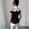 Elegant Women's Off-the-Shoulder Black and White Shirt - European & American Style, Slim Fit, Casual Office Wear