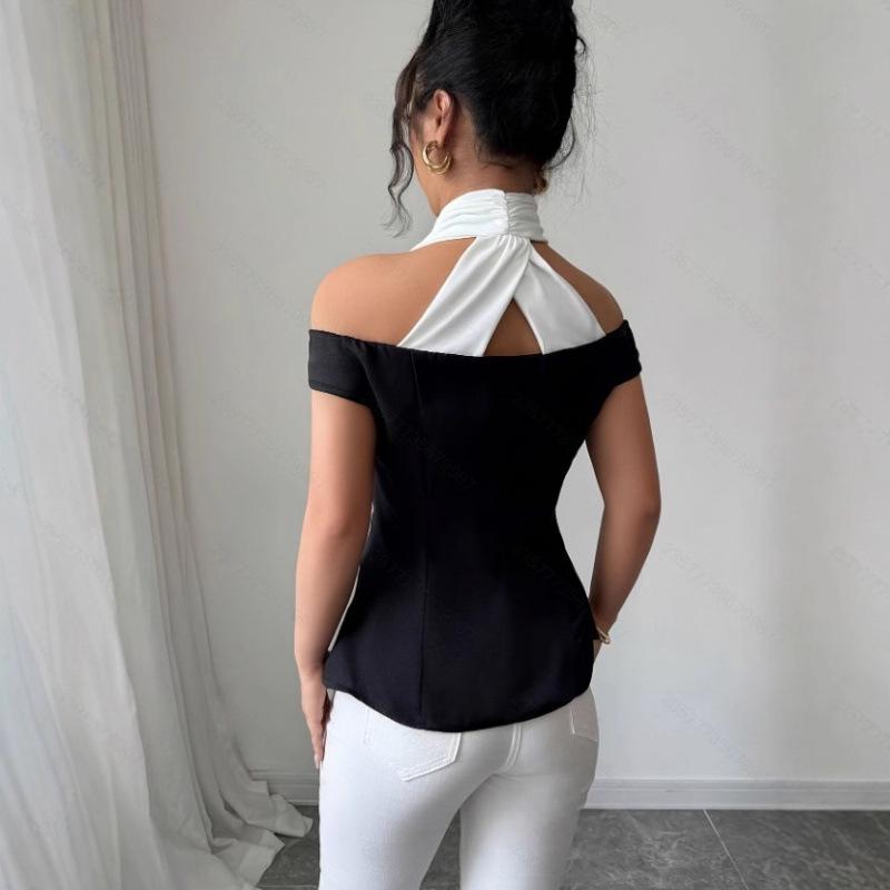Elegant Women's Off-the-Shoulder Black and White Shirt - European & American Style, Slim Fit, Casual Office Wear