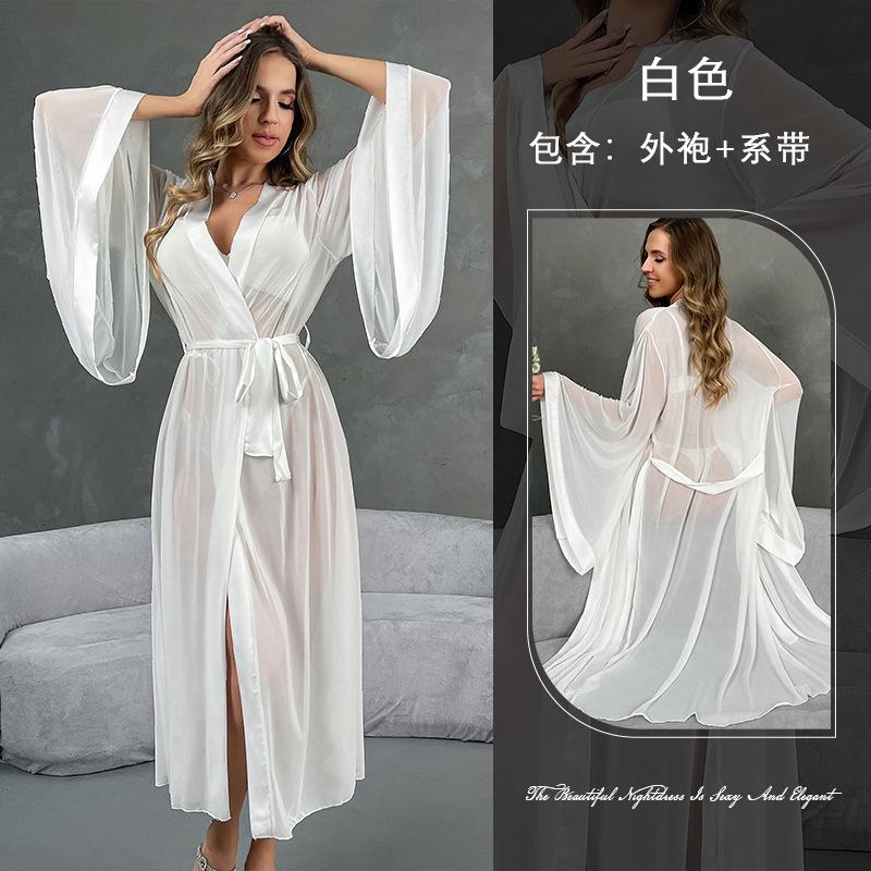 European and American lace-up cardigan bathrobe sexy mesh seduction morning robe pure desire nightgown loungewear S белый