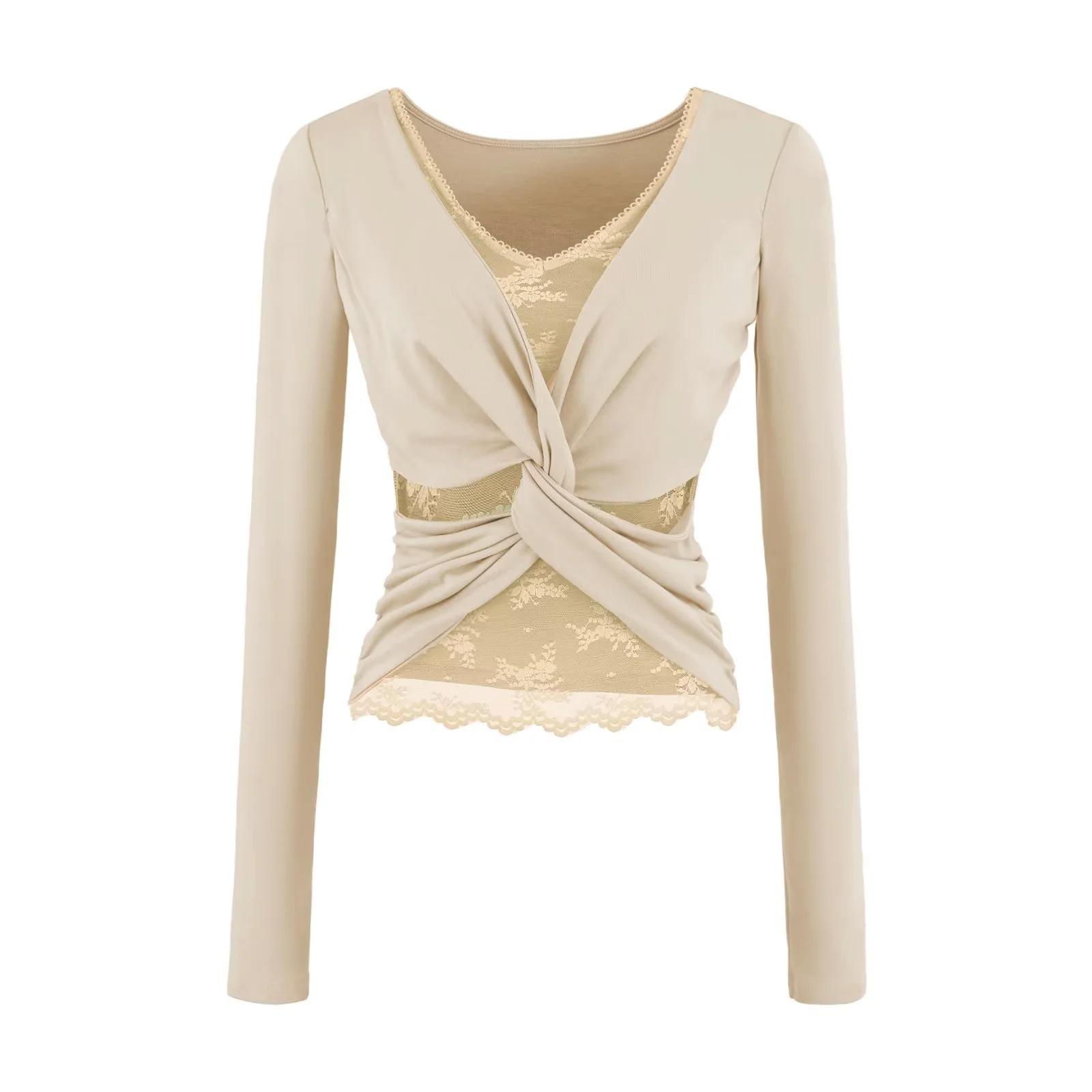Lace Patchwork V-Neck Long-Sleeved Slim Fit Women s Waist-Cinched Autumn/Winter Top Small