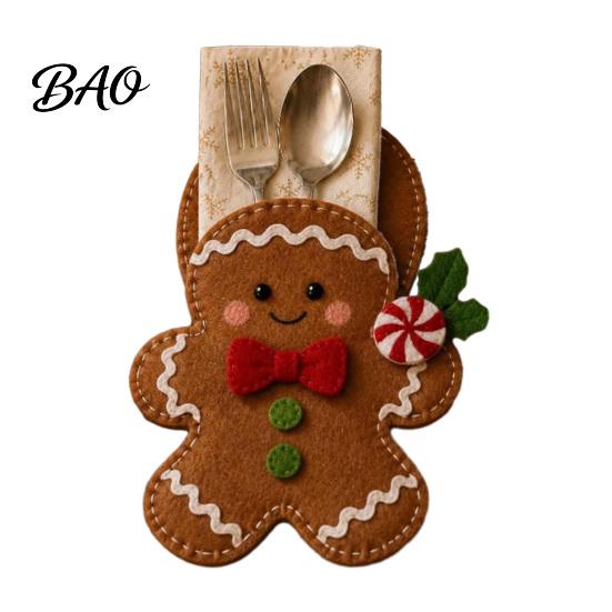 Gingerbread Table Accent Christmas Felt Cutlery Holder DIY Kit, Holiday Flatware Pouch Craft Setting Organizer Set, Handmade Utensil Sleeve for Dinner