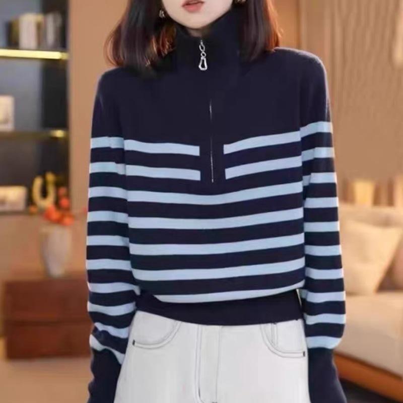 Plus Size Striped Knitwear Lapel Zipper Sweater for Women - Autumn/Winter Loose Fit, Lazy Style, Thick Coat