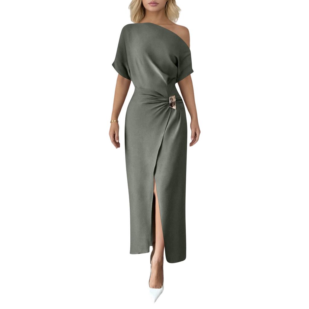 Women's Summer Fashion Color Off Shoulder Split Elegant Slimming Hip Hugging Dress