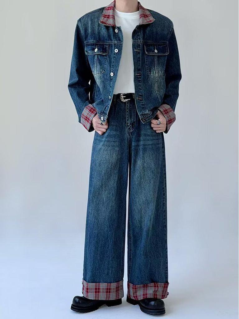 American Fashion Plaid Lapel Denim Jacket & Men's Retro Jeans Two-Piece Suit