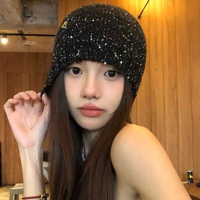 Zhao Ruth Sequined Knitted Stack Hat Children's New Bow Spice Girl Headgear Tide